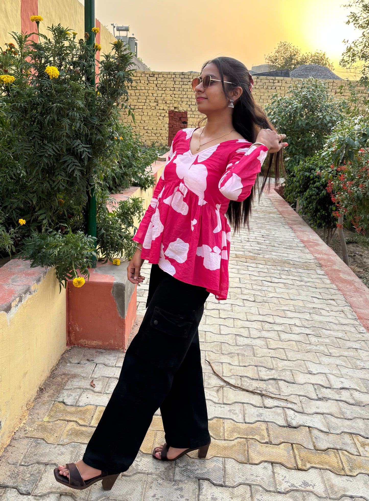 SIVOYA Blush Bloom Handcrafted Cotton Kurti - Playful Prints in Rose Pink