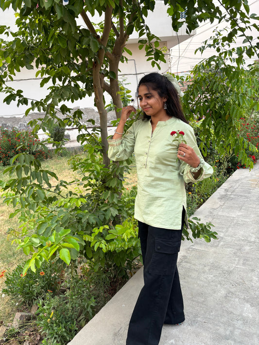 Elegant Light Green Cotton Kurti with Puff Sleeves – Casual & Ethnic Fusion