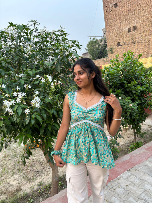 Urban Bloom Kurti – Fresh Aqua Florals in a Chic Sleeveless Style